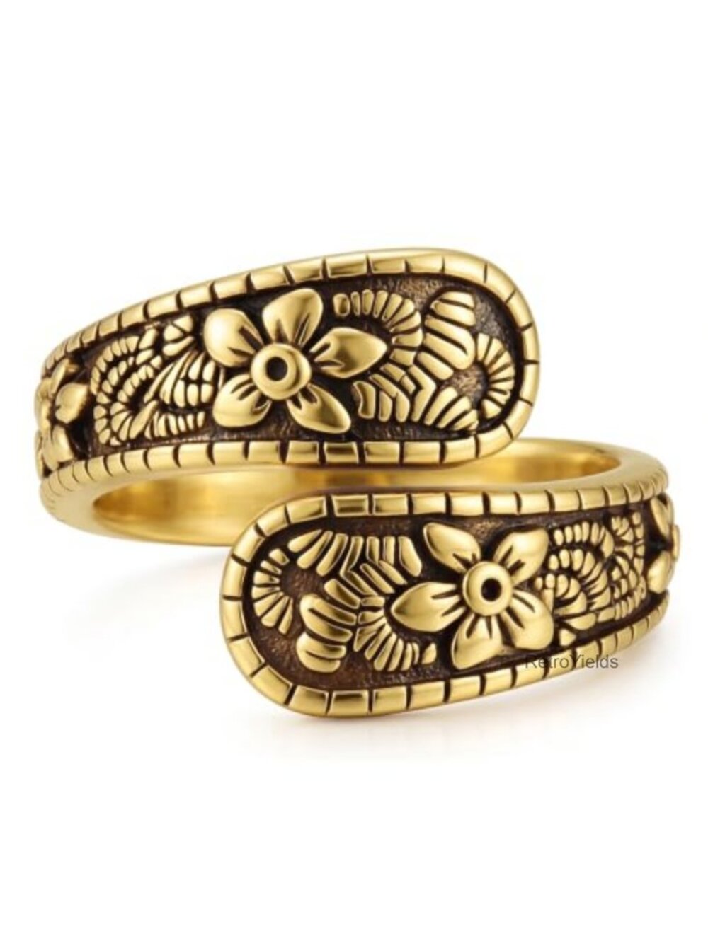 14K Gold Plated Spoon Ring Vintage Floral Carving Adjustable Open Cuff Women